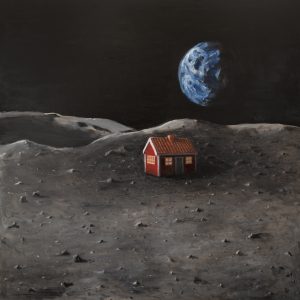 A visualisation of the small red house he intended to place on the Moon. Although the 2025 lander crashed during descent, the artwork now exists as vision and lunar debris, its imagined form preserved in this painting.